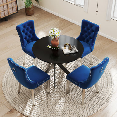 Round Wooden Dining Set with Tufted Dining Chair