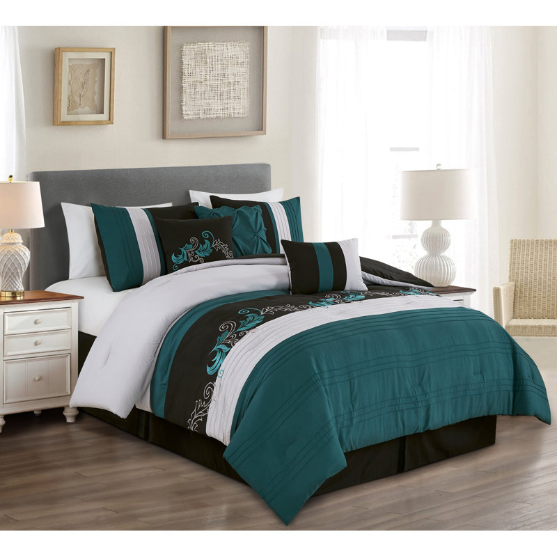 Teal and Black Floral Embroidered Microfiber Queen Comforter Set