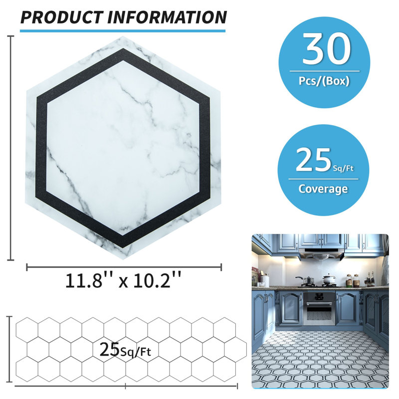 11.8" x 10.2" Hexagon Peel and Stick Flooring Tile,Waterproof Vinyl Floor Tile,30-Pack, White Marble