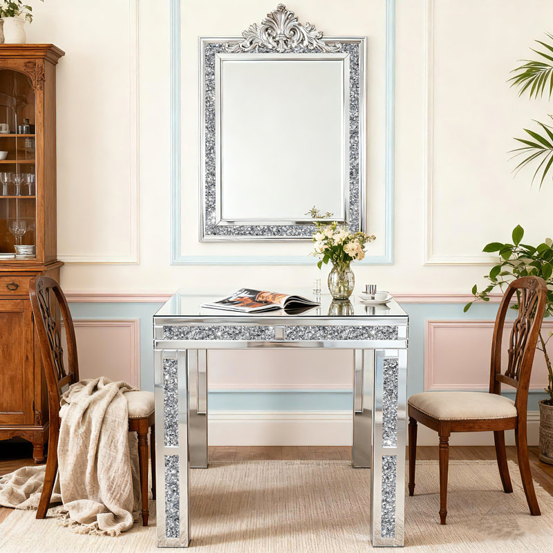 Jasmic Mirrored Dining Table Glass Top with 4 Legs Crushed Diamond Inlay