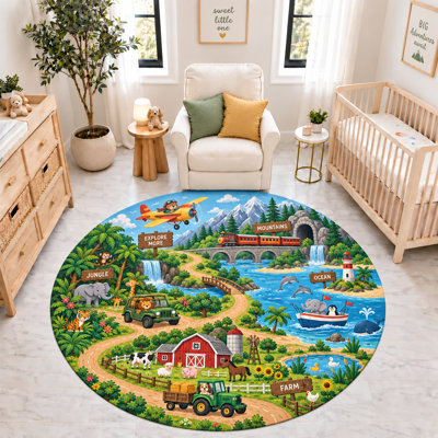 Tapis rond « Ultra Fin » 183 x 183 cm, motif Ferme, Jungle et Océan, tapis d'intérieur doux à poils courts avec envers antidérapant en silicone, idéal pour la chambre d'enfant, la chambre de bébé et la salle de jeux.