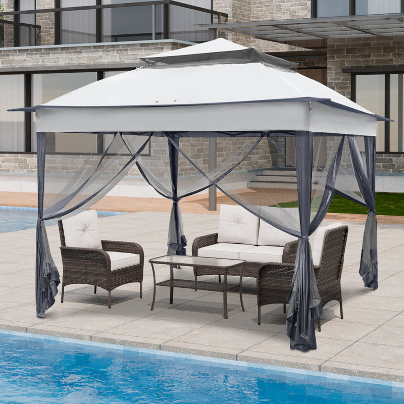 11 Ft. W x 11 Ft. D Outdoor Pop Up Soft Top Steel Patio Gazebo with Netting, Light Gray