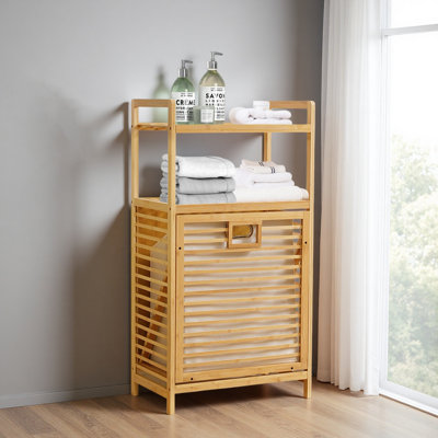 Panier à linge avec tablettes à 2 niveaux et panier inclinable, paniers à linge Organisateur de rangement pour salle de bain