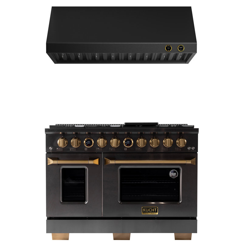 48 po 6,7 pieds cubes Pi. Cuisinière à 8 brûleurs à double combustible pour gaz propane en acier inoxydable titane + hotte sous l'armoire