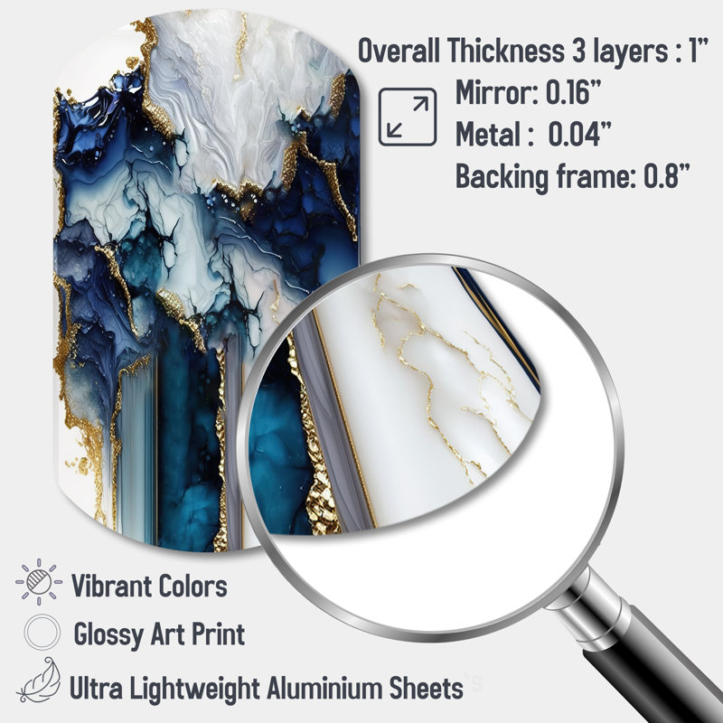 Géode abstraite, marbre blanc et bleu I - art mural cylindrique en métal, impression asymétrique bleue