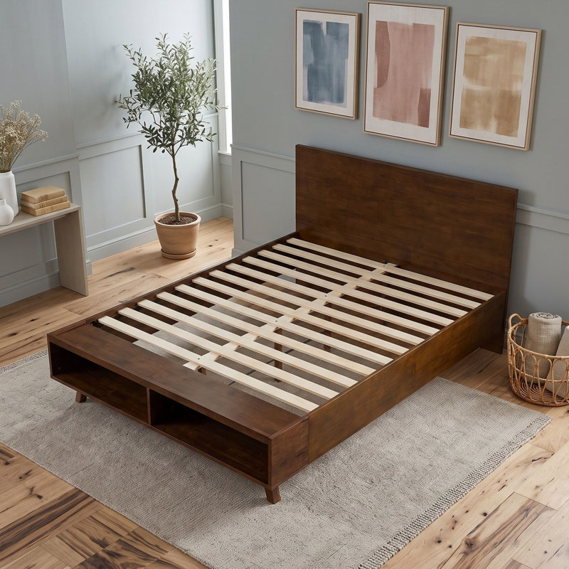 Cadre de lit plateforme en bois avec rangement intégré au pied de lit, Grand lit