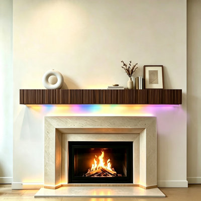 Tablette de manteau de cheminée avec compartiment de rangement caché Compartiment de rangement caché de 63 po, bande lumineuse à DEL, conception cannelée élégante, tablette de présentation murale, idéale pour la décoration intérieure