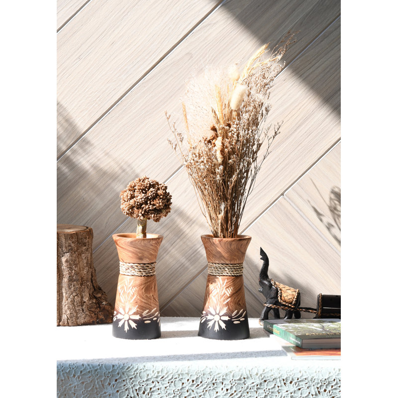 Ensemble de 2 vases en bois à motif de fleurs et corde manguier Natures Beauty