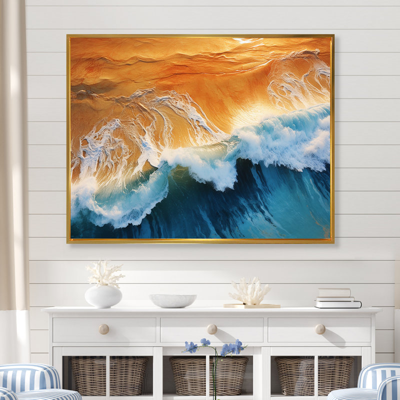 Bleu et orange, vue aérienne de plage rétro IV - art mural plage, Cadre flottant doré, H 16 po x l 32 po x P 1 po