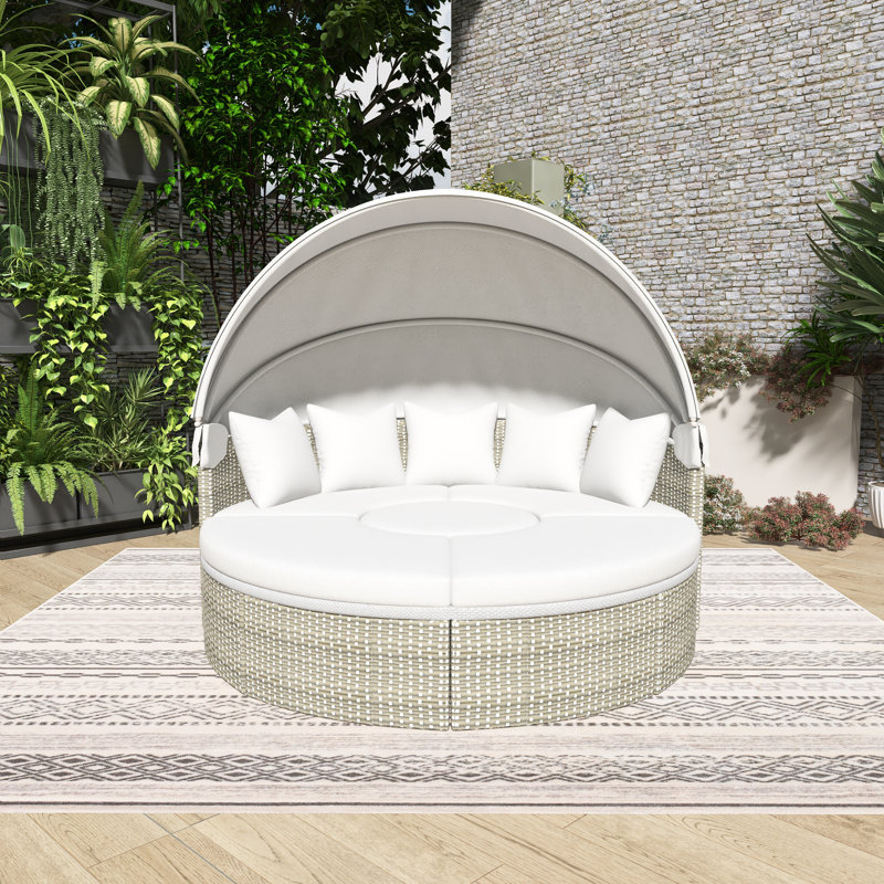 Canapé d'extérieur en rotin pour terrasse avec auvent rétractable, siège séparé et coussin amovible