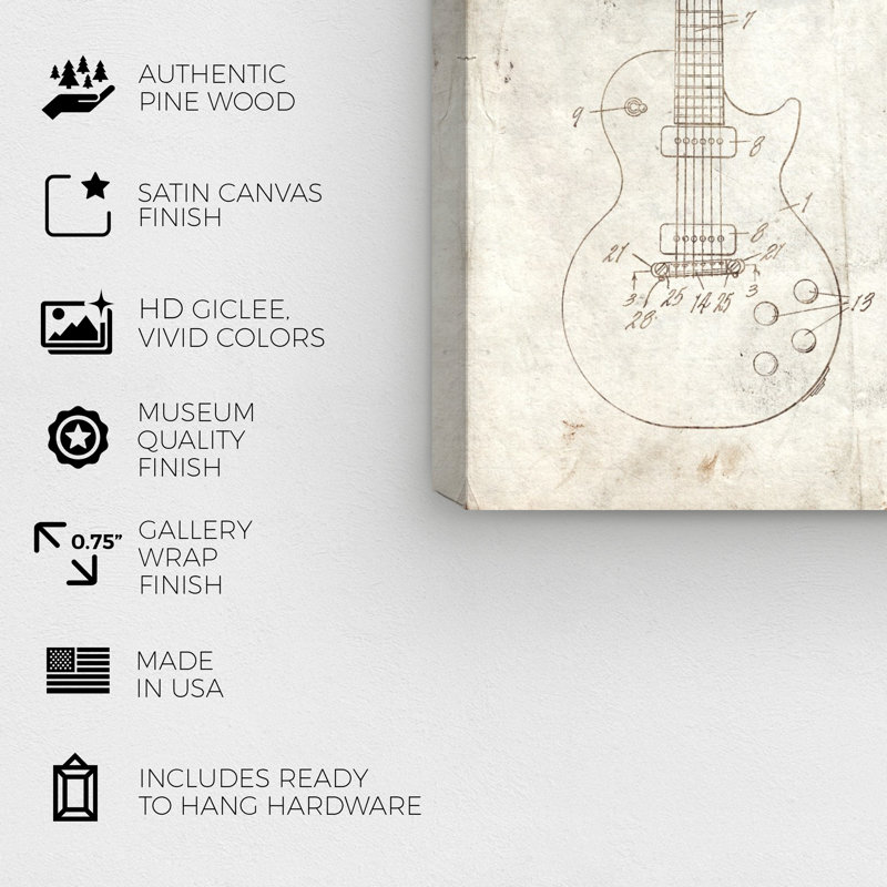 Gibson Les Paul, guitare parchemin 1955 par Oliver Gal - impression encadrée sur papier, H 24 po x l 16 po x P 0,75 po