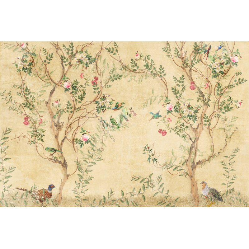 Papier peint rétro avec oiseaux et fleurs, L 75 po x l 112 po, Beige