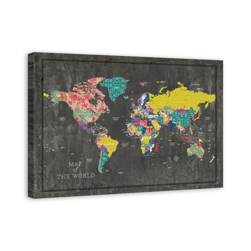 Carte colorée du monde - Impression sur toile, 20 po x 30 p, Toile tendue