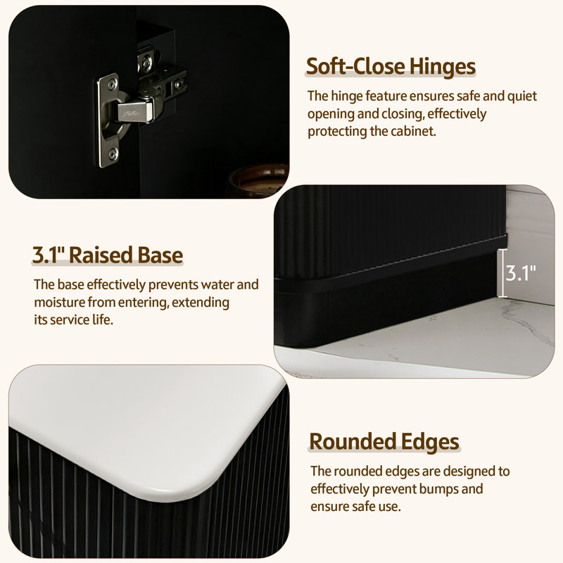 Meuble-lavabo cannelé 35,8 po, évier intégré en céramique, 3 tiroirs et armoire de plancher réglable, Black