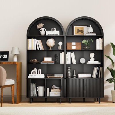 71" Tall Arched Bookcase, 5 Tiers Fluted Bookcase with Adjustable Shelves＆Sliding Doors