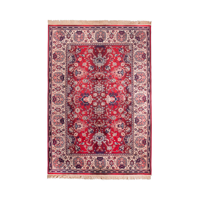 Old Red Rectangular Oriental Cotton and Synthetic Rug