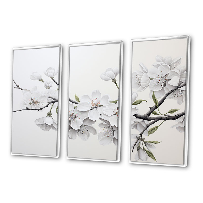 Minimalisme blanc et gris Cherry Blossom II - impression d'art mural cerisier en fleurs, Cadre flottant blanc