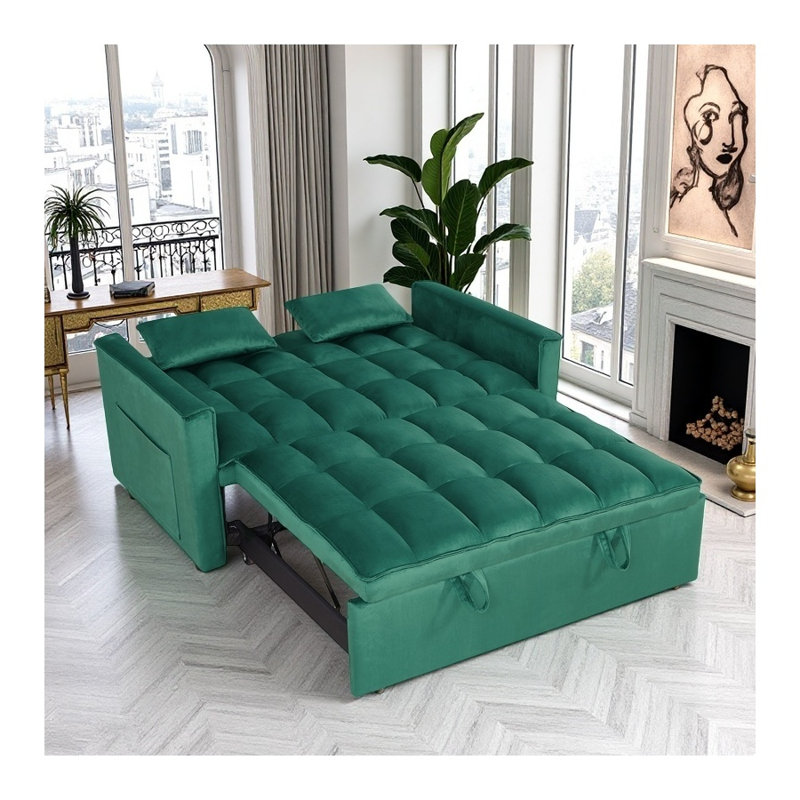 Canapé-lit moderne à 2 places coulissant, causeuse en velours de 54 po avec fonction pour lit double convertible, vert