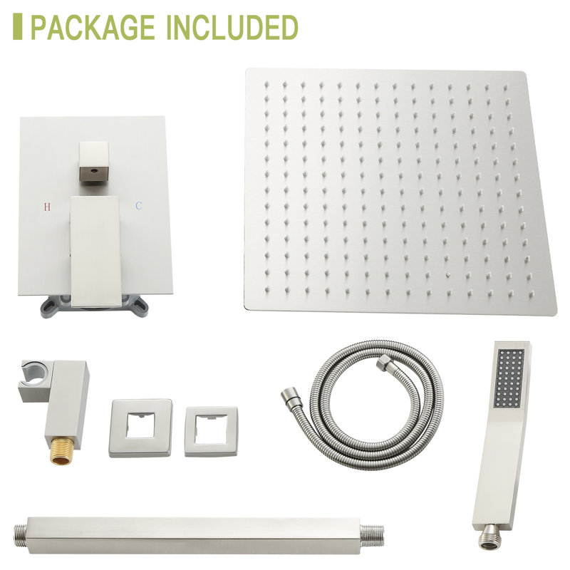 Brushed Nickel Dual Shower Head - 10 Inch Square Ceiling Mount With Adjustable Water Flow And Handheld Function Rain -Balanced Valve Detachable