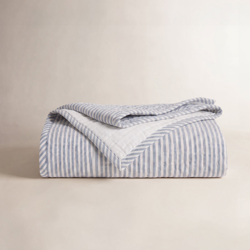 Emmit Sawyer Mill Ticking Stripe Quilt Coverlet, King, Demin Blue & Soft White