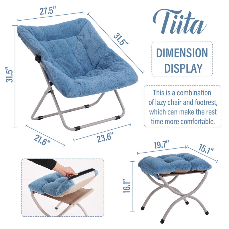 Fauteuil Saucer avec repose-pieds, chaise d'appoint pliante en fausse fourrure, Mélange de polyester bleu