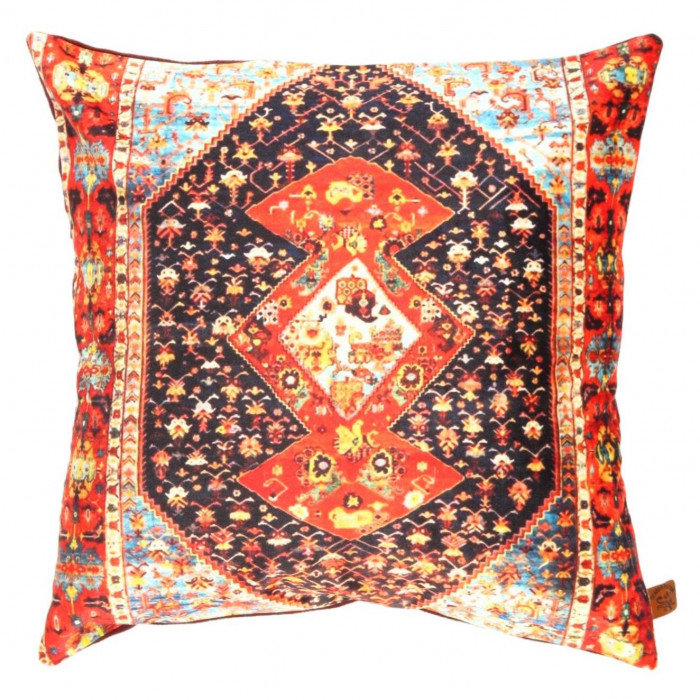 Pillow Cover & Insert, 16"H x 16"W, Square, Red/Demin/Yellow/Ivory Oriental