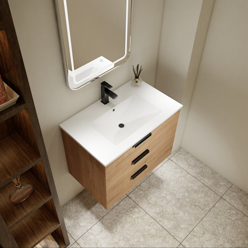 Meuble-lavabo mural avec tiroir à fermeture en douceur et tablette latérale, Droite