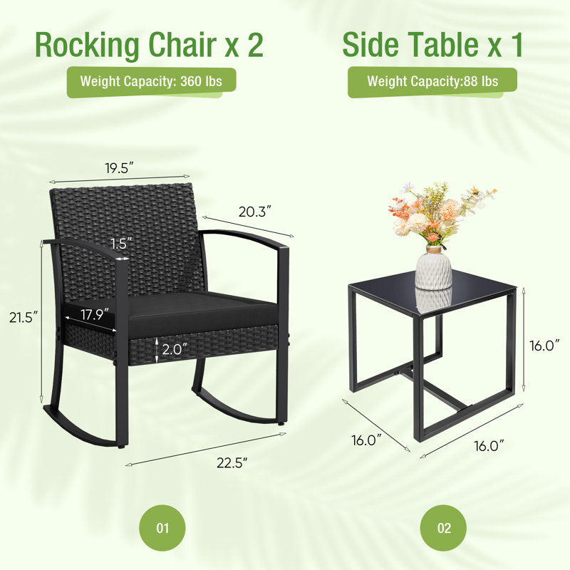 Ensemble de chaises berçantes d'extérieur 16 po pour 2 personnes, Noir