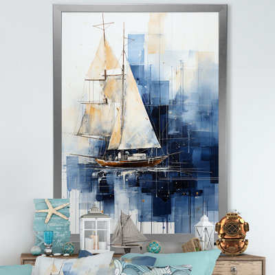 Art mural bleu et blanc à géométrie nautique - Minimalisme côtier