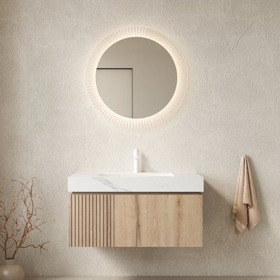 Meuble-lavabo de salle de bain 36 po MURI, armoire de rangement flottante en contreplaqué avec tiroir et porte, plateau en pierre frittée blanc Carrara et lavabo en céramique avec 1 trou de robinet pré-percé, pré-assemblé, grain de bois de chêne blanc - céramique, pierre frittée - ensemble 2 pièces