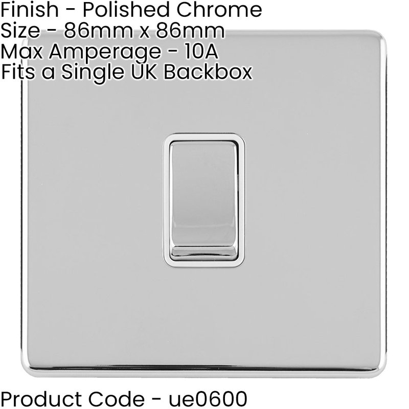 1 Gang Single Light Switch SCREWLESS  2 Way 10A Metal Rocker Slim, Silver, Polished Chrome