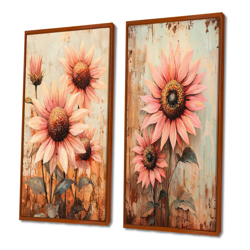 Collection de 2 panneaux d'art rétro floraux rose Sunrise Sunflowers I, H 32 po x l 33 po, Cadre flottant brun