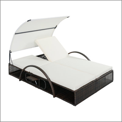 Outdoor Steel Frame Sun Lounger with Adjustable Backrest,Patio Double Sunbed with Hidden Side Table and Arched Armrests,Suitable for Patio Pool Deck,Garden,Backyard
