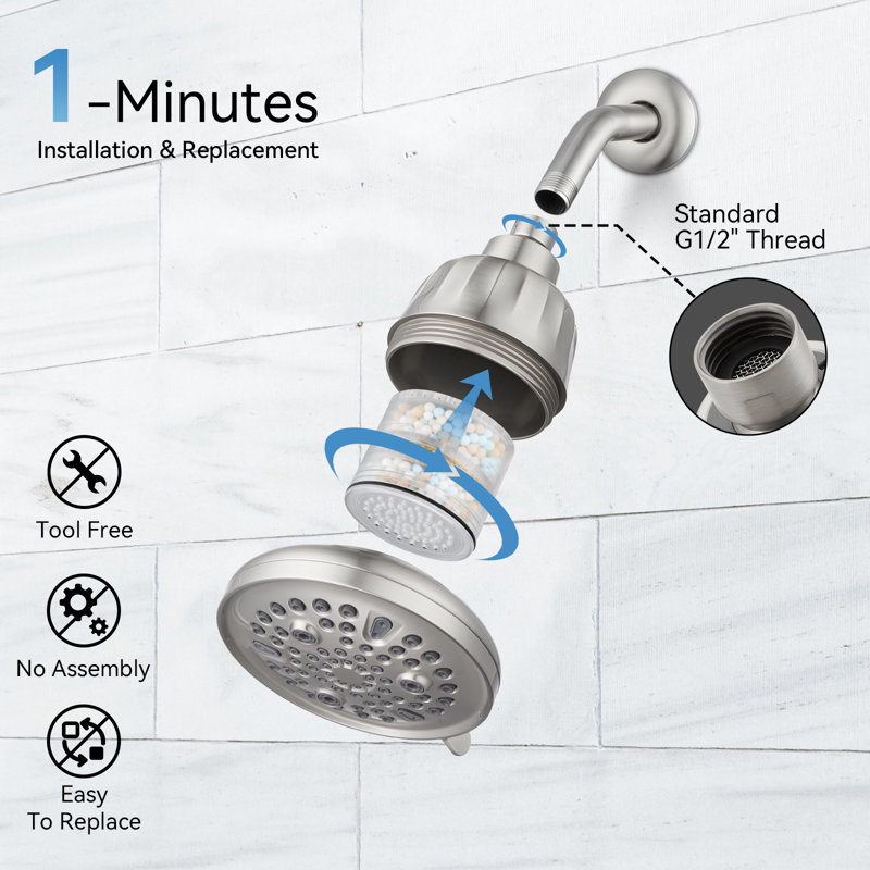 Pomme de douche filtrée, 7 modes de jet et pomme de douche à pluie 5,5 po 2,5 GPM noir mat, Nickel brossé