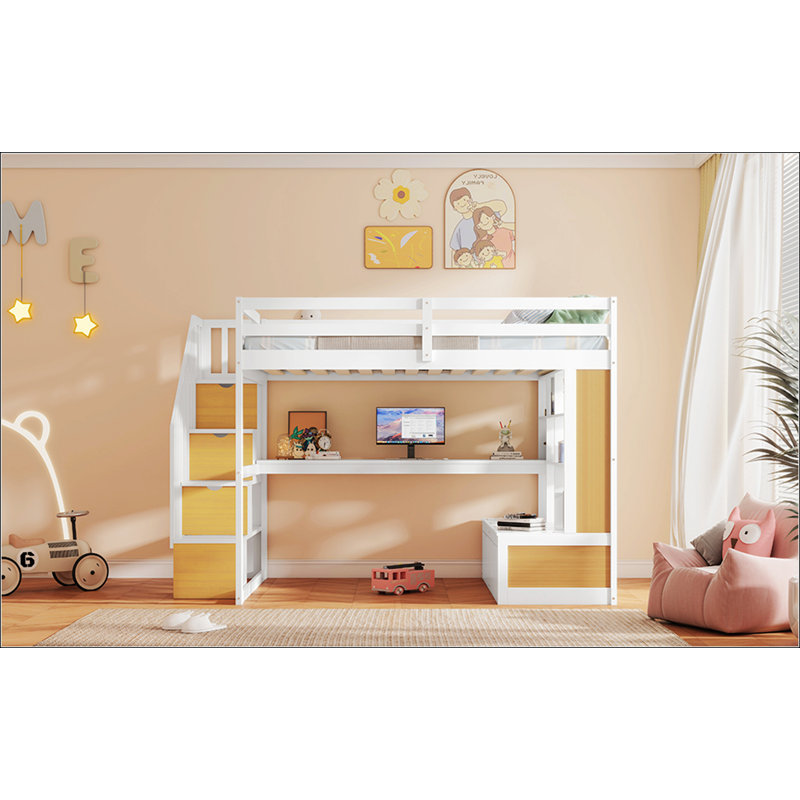 Lit mezzanine double avec bureau et tablettes, Naturel / blanc
