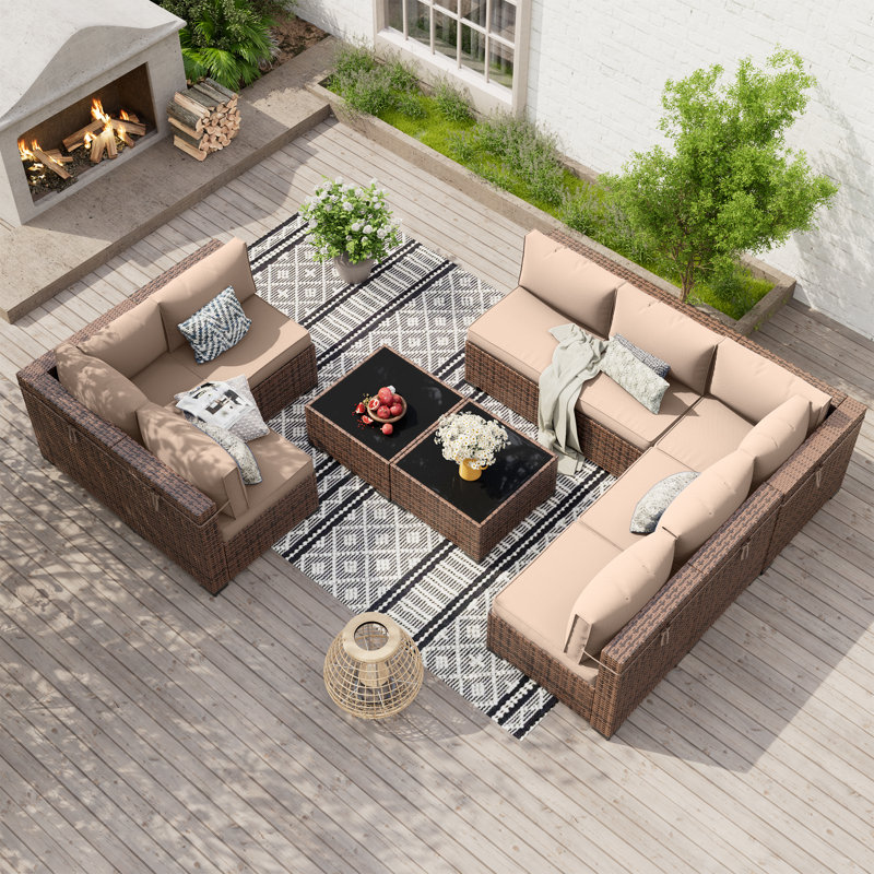 Ensemble modulaire de conversation modulaire en rotin pour 8 personnes avec 2 tables basses, Kaki
