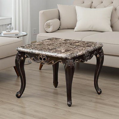 Table de bout Ery, bois brun noyer foncé, détails sculptés, 28 po