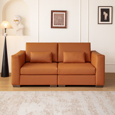 78"W Vintage Leather Sleeper Couch, Mid-Century Modern Wide Square Sectional Sofa with Metal Legs and Pillows, Orange Luxury 3-Seater Deep Seat Upholstered Sofa Bed for Living Room and Bed Room