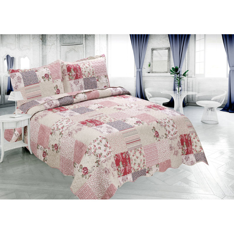 Ensemble de courtepointe réversible en microfibre Pinsonic crème / bleu / rouge