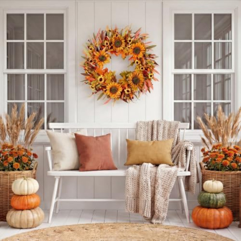 Couronne d'automne de 56 cm (22 pouces) avec tournesols artificiels, décoration murale pour porte d'entrée, style ferme, idéal pour l'Action de grâce, porche, intérieur et extérieur, décoration de récolte.