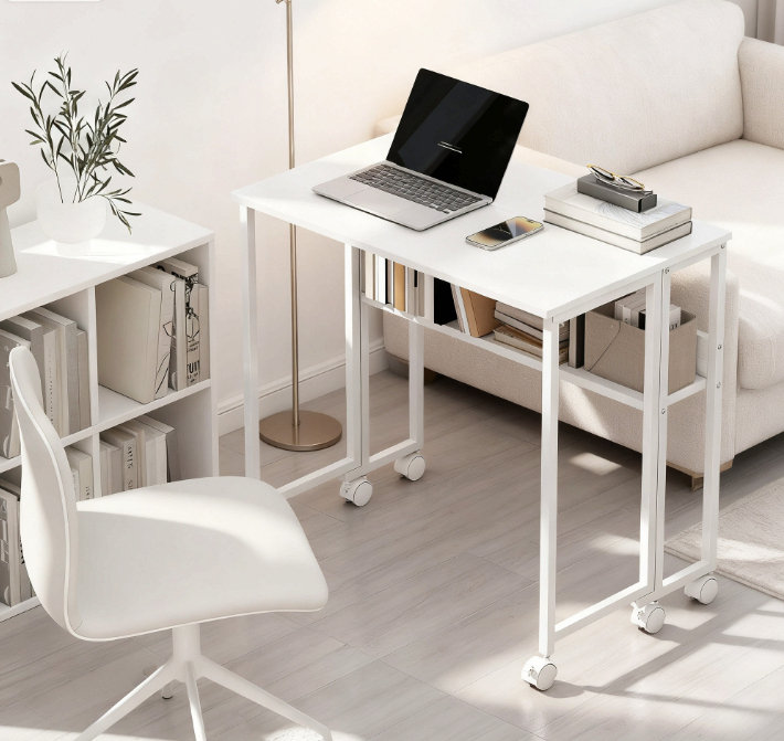 Folding Computer Desk,With Storage Bag, Shelf And Wheels For Small Spaces, Home Office, White