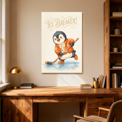 Animaux, mignon, pingouin, joueur de hockey, jersey orange, patinoire