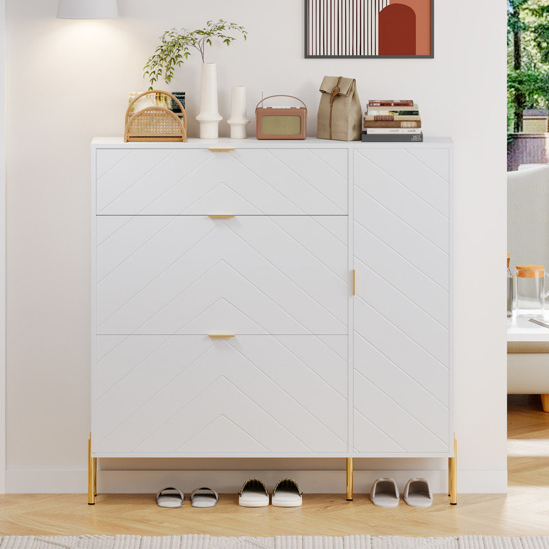 MDF Shoe Storage Cabinet with Flip-up Drawers and Shelves, White, White
