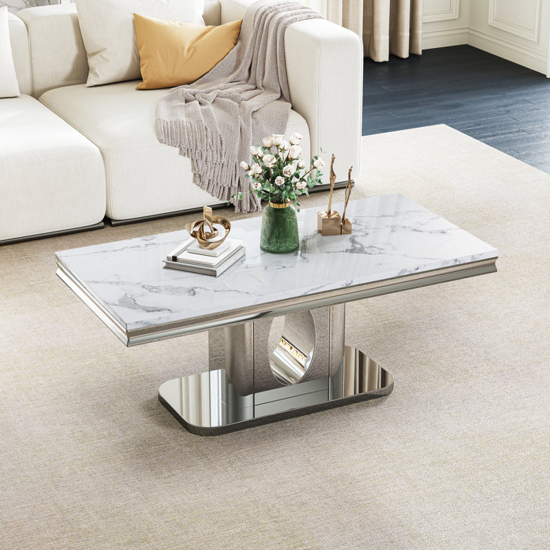 Modern Marble Coffee Table, 46.85" Rectangular Faux Marble, Luxury Mirrored Round Hollow Stainless Steel Base, Cocktail Table, Center Table
