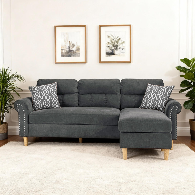 Reversible 2-piece Sectional Sofa With Chaise & Velvet Upholstery, Slate