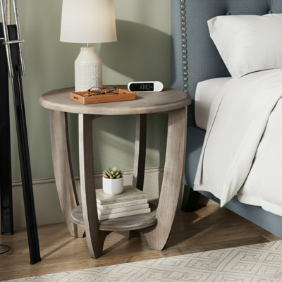 Retro Gray Finish Modern Round Side Table, Rustic Farmhouse French Style With Storage Shelves, Suitable For Small Spaces In Family Dining Rooms And Living Rooms, Curved Legs.