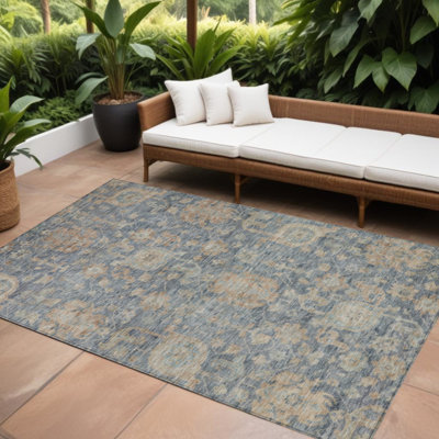 Tapis extérieur lavable damassé 9 pi x 12 pi bleu brun et beige