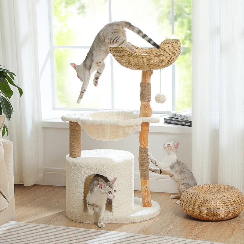 Arbre à chat moderne avec poteau à griffer en bois massif naturel, tour à chat de 101,6 cm avec panier en osier spacieux, grand hamac, condo de luxe pour chats d'intérieur