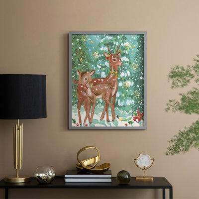«Doe and Fawn II», reproduction encadrée - bois massif
