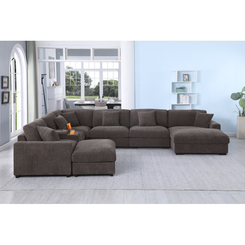 Canapé modulaire en chenille pour 8 personnes avec console et 2 repose-pieds, Chenille grise foncée